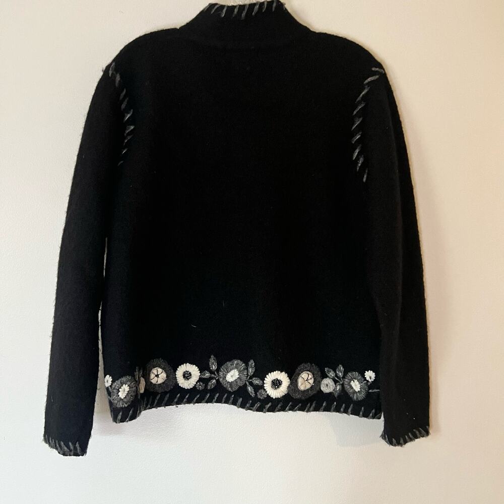 Deane & White Wool Embroidered Cardigan Sweater Black & White - Picture 3 of 7